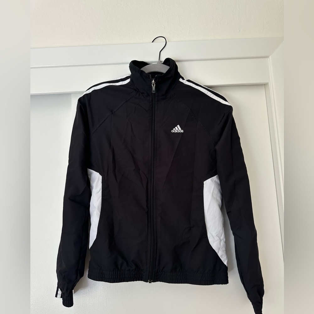 Adidas Women’s Small Black and White Windbreaker with Signature Stripes